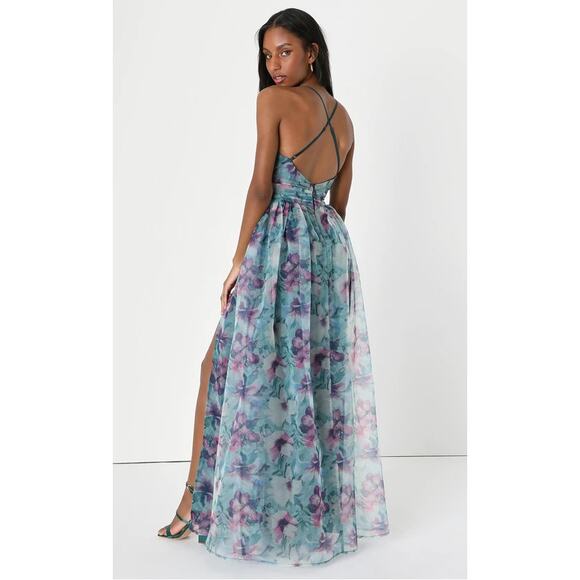Lulus Romance That Wows Dark Teal Floral Print Organza Maxi Dress Size S - Picture 10 of 13